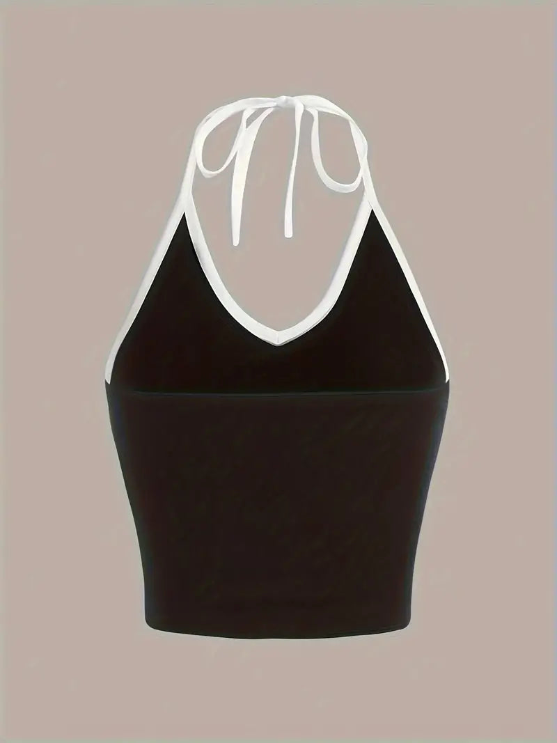 BLACK HALTER CROP TOP WITH CONTRAST COLOR Y2K DREAM DESIGN