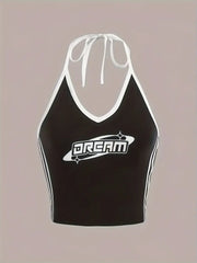 BLACK HALTER CROP TOP WITH CONTRAST COLOR Y2K DREAM DESIGN