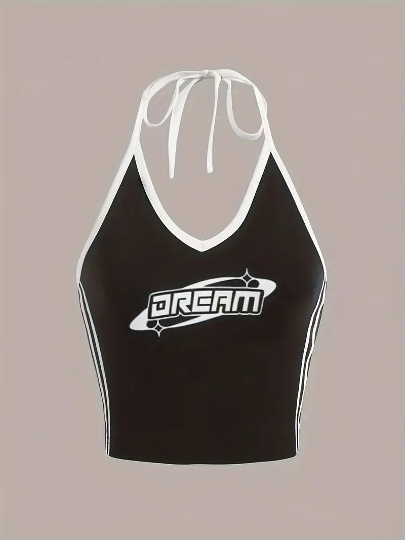 BLACK HALTER CROP TOP WITH CONTRAST COLOR Y2K DREAM DESIGN