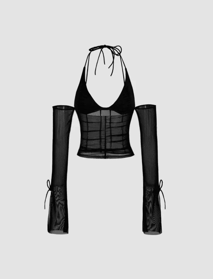 BLACK HALTER NECK CORSET TOP WITH MESH PATCH ACCENTS