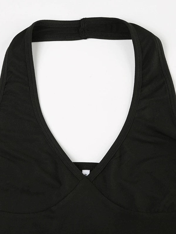 BLACK HALTER TOP DEEP V-NECK CROPPED FIT HALTER