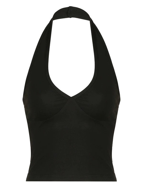 BLACK HALTER TOP DEEP V-NECK CROPPED FIT HALTER