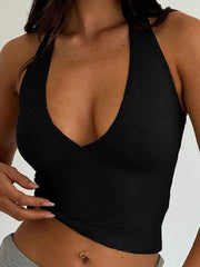 BLACK HALTER TOP DEEP V-NECK CROPPED FIT HALTER