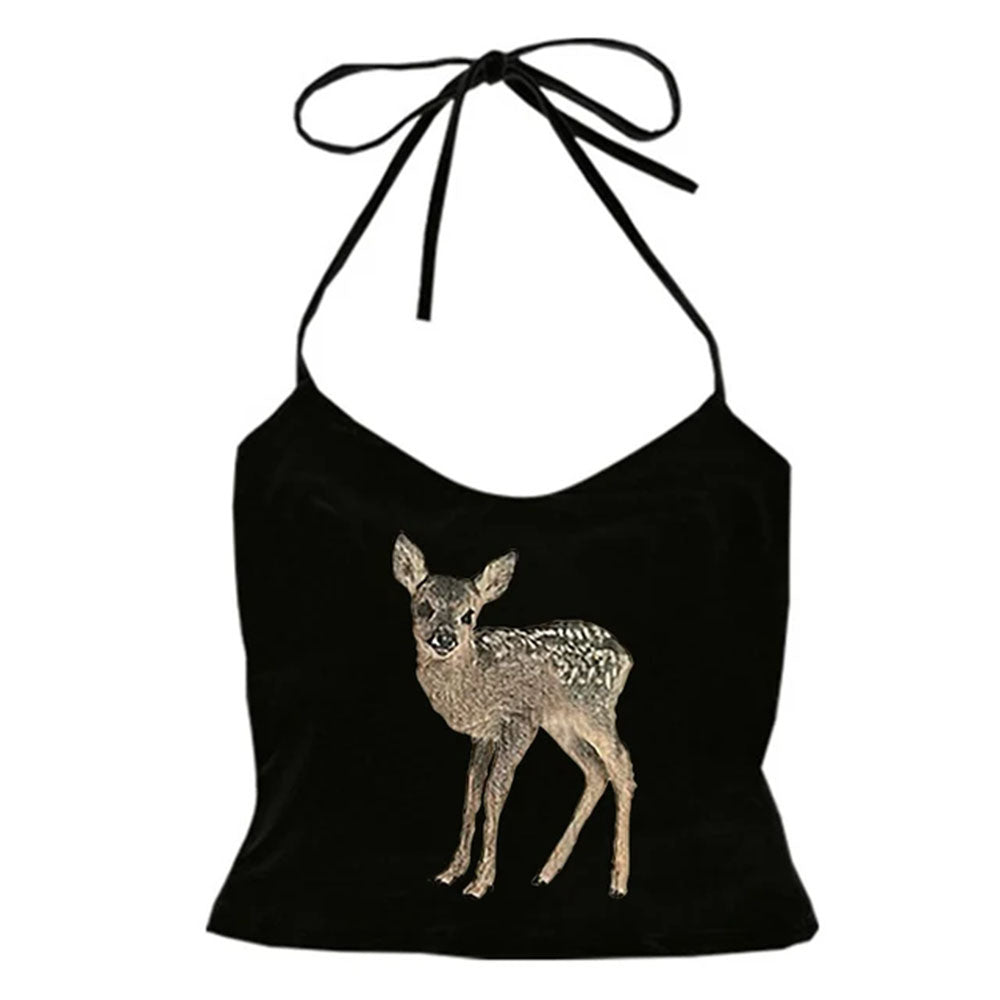 BLACK HALTER TOP WITH FAWN DETAIL FOR WOMEN