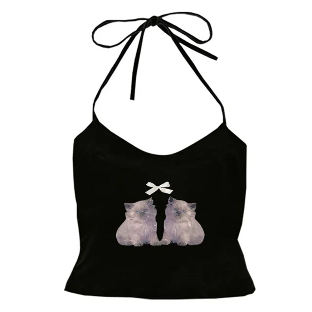 BLACK HALTER TOP WITH KITTEN DESIGN APPAREL FOR WOMEN