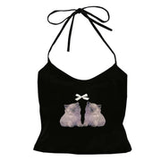 BLACK HALTER TOP WITH KITTEN DESIGN APPAREL FOR WOMEN