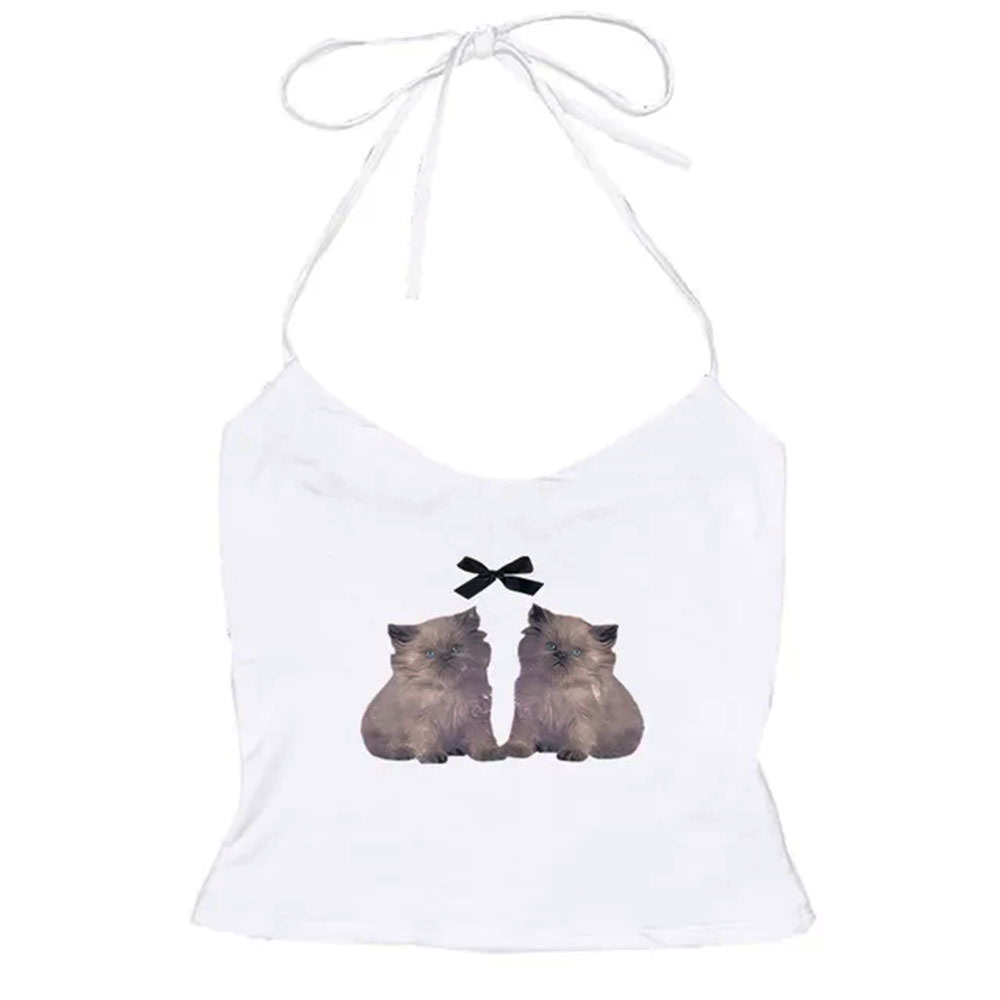 BLACK HALTER TOP WITH KITTEN DESIGN APPAREL FOR WOMEN