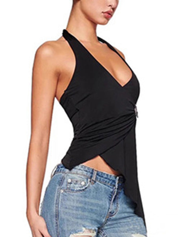 BLACK HALTER TOP WITH SILVER BUCKLE SLIM FIT V-NECK
