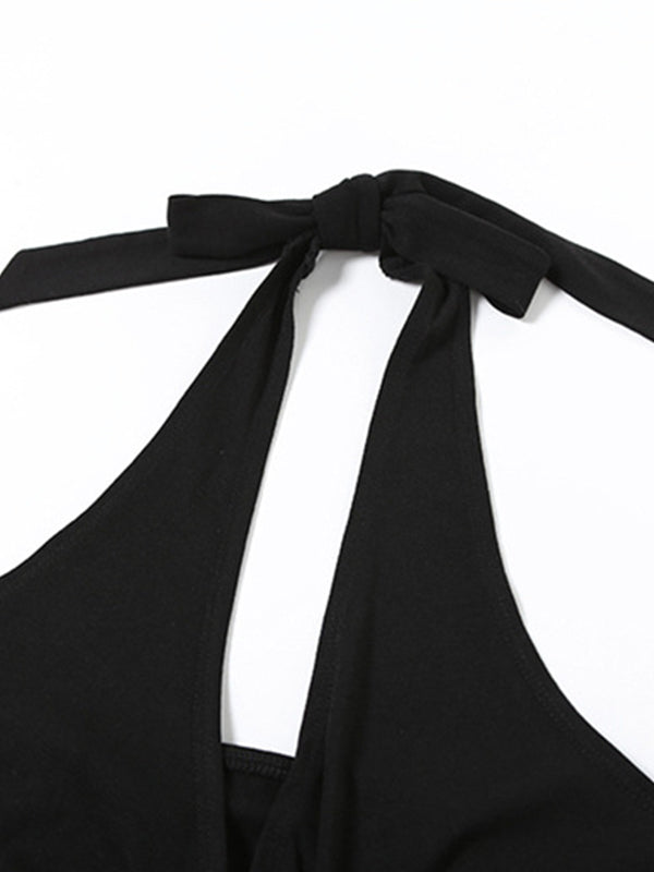 BLACK HALTER TOP WITH SILVER BUCKLE SLIM FIT V-NECK