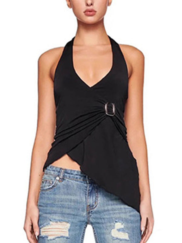 BLACK HALTER TOP WITH SILVER BUCKLE SLIM FIT V-NECK