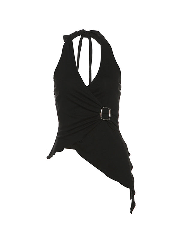 BLACK HALTER TOP WITH SILVER BUCKLE SLIM FIT V-NECK