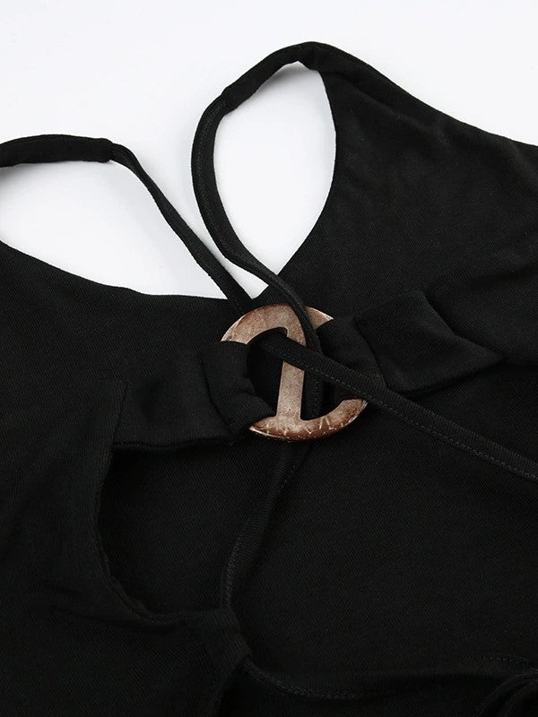 BLACK HALTER TOP WITH STRAPPY BACK - BACKLESS CROSS STRAP CAMI