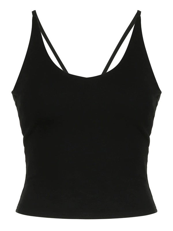 BLACK HALTER TOP WITH STRAPPY BACK - BACKLESS CROSS STRAP CAMI