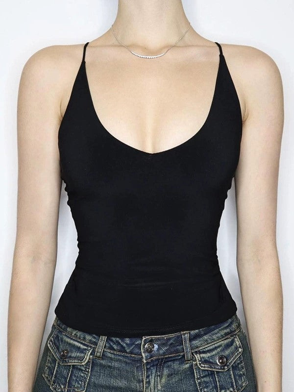 BLACK HALTER TOP WITH STRAPPY BACK - BACKLESS CROSS STRAP CAMI