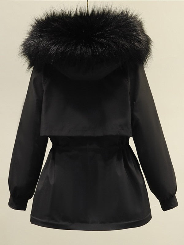 BLACK HOODED PARKA COAT WITH FUR TRIM - LOOSE FIT COTTON BLEND