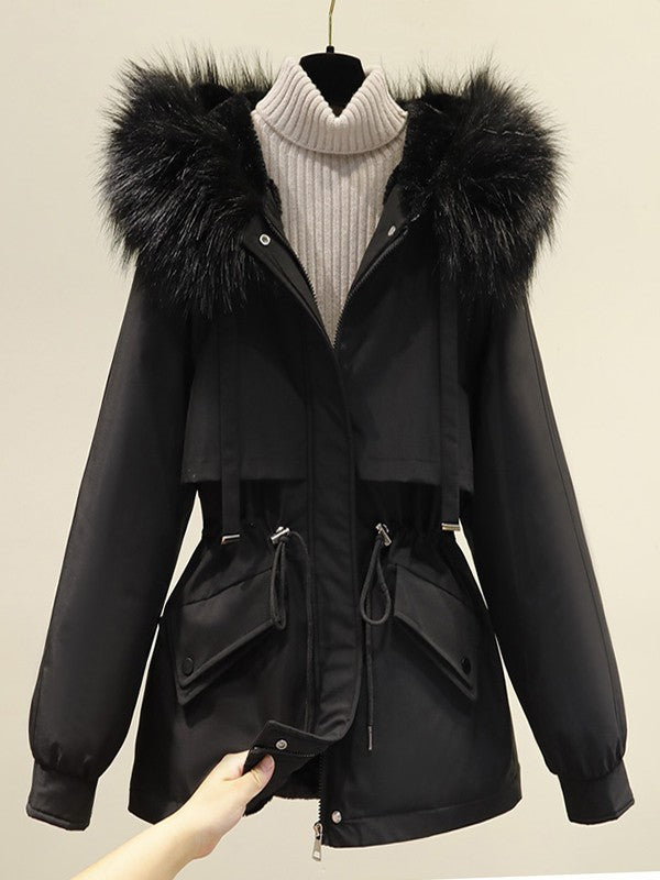 BLACK HOODED PARKA COAT WITH FUR TRIM - LOOSE FIT COTTON BLEND