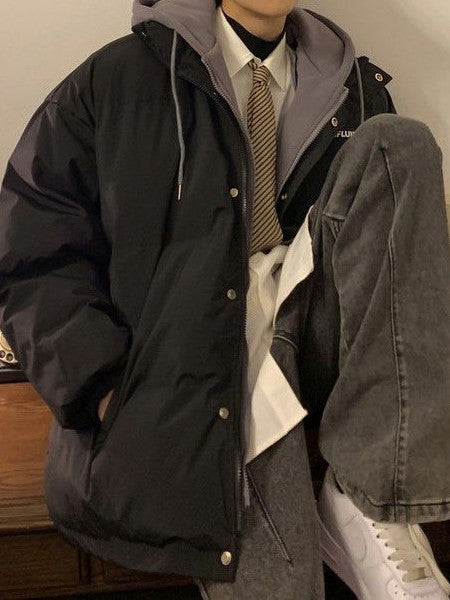 BLACK HOODED PUFFER JACKET MOCK TWO PIECE