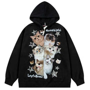 BLACK KITTEN PRINT HOODIE STARRY KITTEN DESIGN