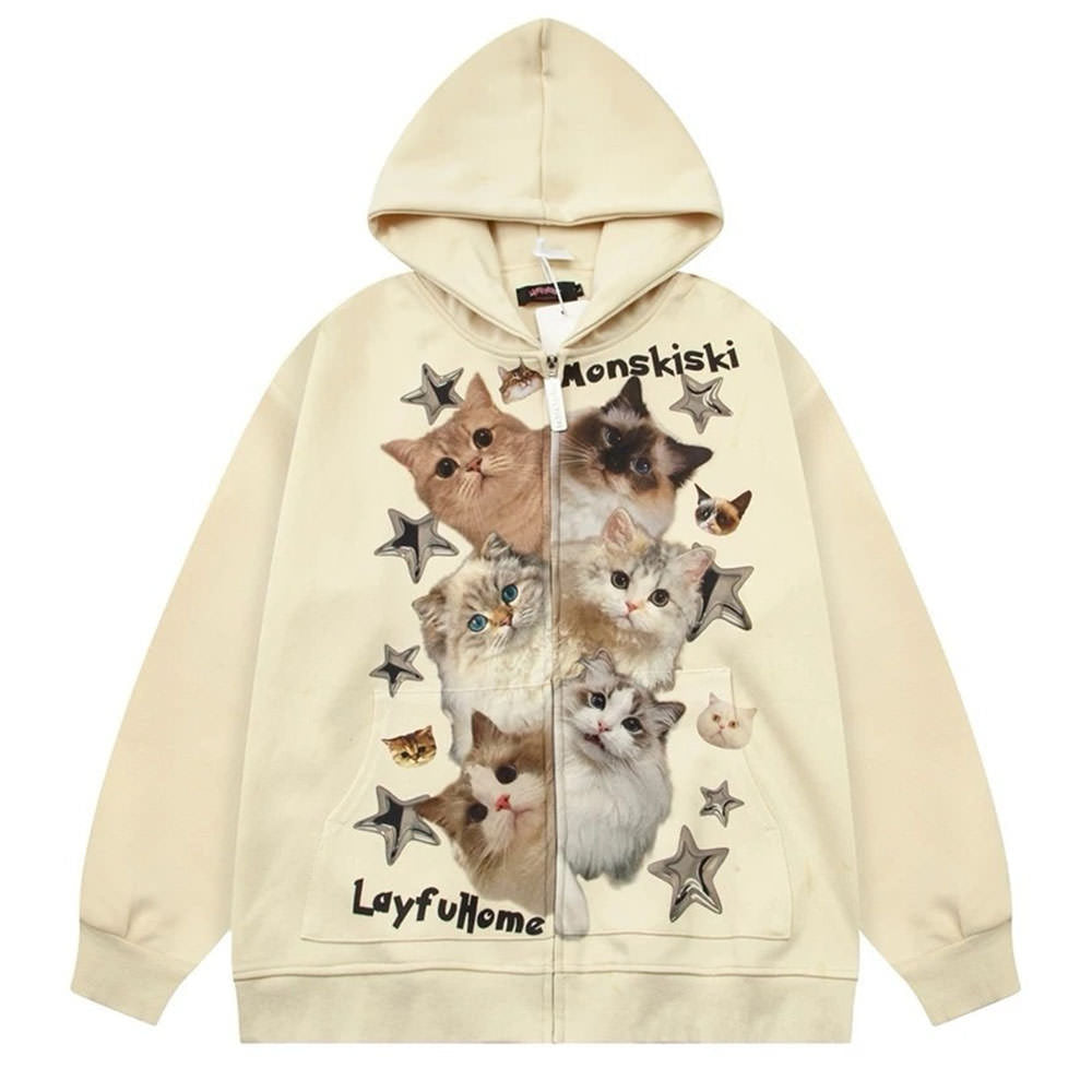 BLACK KITTEN PRINT HOODIE STARRY KITTEN DESIGN