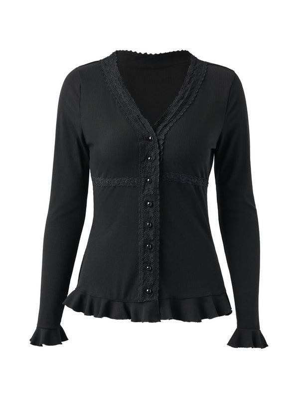 BLACK KNIT CARDIGAN WITH LACE ACCENTS AND BUTTON DETAILING