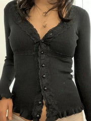 BLACK KNIT CARDIGAN WITH LACE ACCENTS AND BUTTON DETAILING