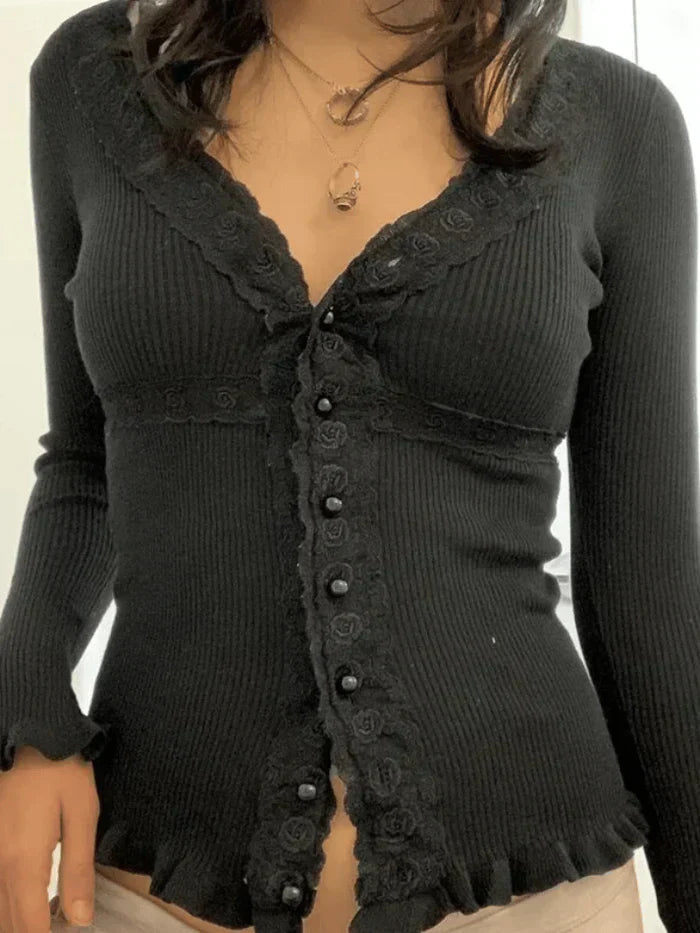 BLACK KNIT CARDIGAN WITH LACE ACCENTS AND BUTTON DETAILING