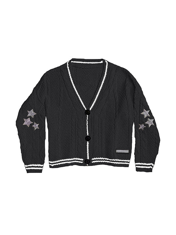 BLACK KNIT CARDIGAN WITH WHITE STRIPES - CUTE LOOSE LONG SLEEVE DESIGN