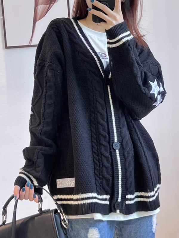 BLACK KNIT CARDIGAN WITH WHITE STRIPES - CUTE LOOSE LONG SLEEVE DESIGN