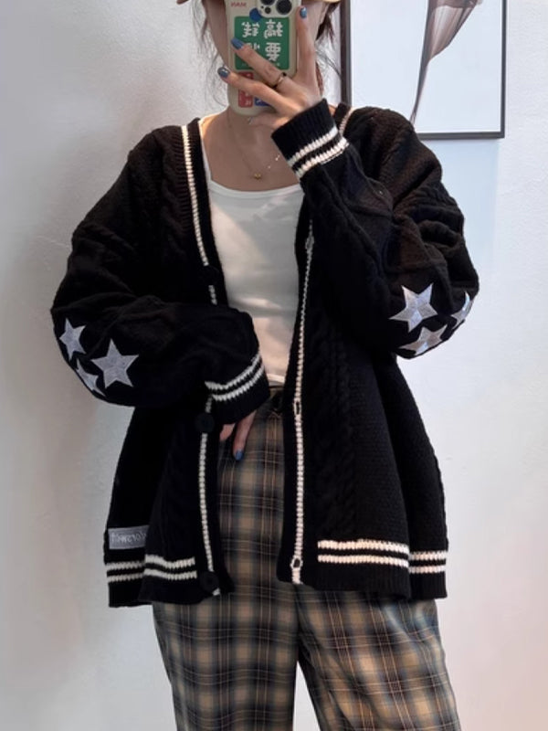 BLACK KNIT CARDIGAN WITH WHITE STRIPES - CUTE LOOSE LONG SLEEVE DESIGN