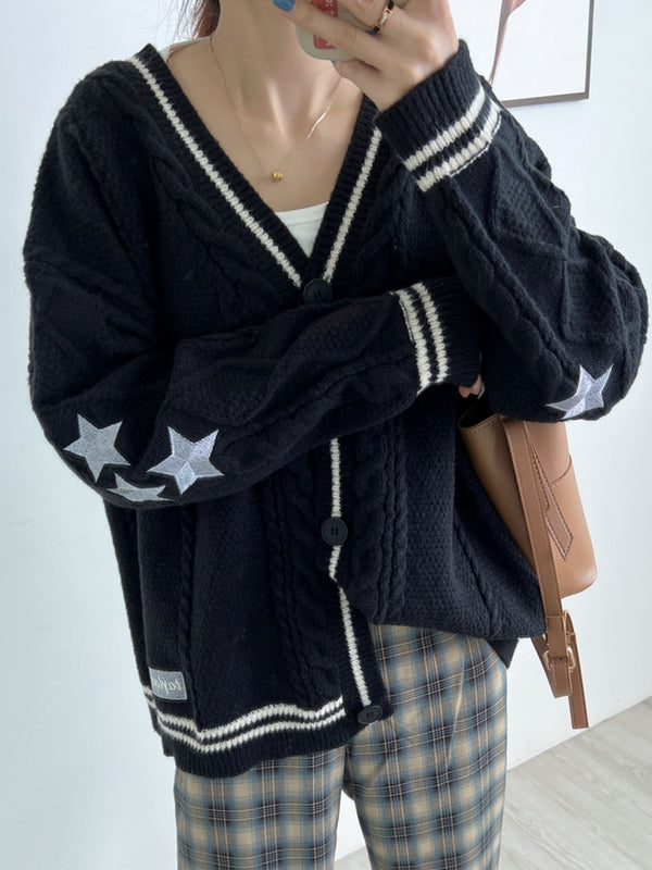 BLACK KNIT CARDIGAN WITH WHITE STRIPES - CUTE LOOSE LONG SLEEVE DESIGN
