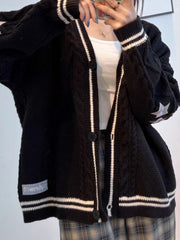 BLACK KNIT CARDIGAN WITH WHITE STRIPES - CUTE LOOSE LONG SLEEVE DESIGN
