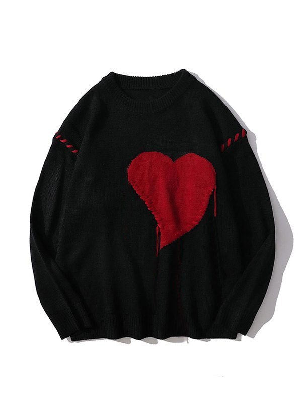 BLACK KNIT SWEATER WITH RED HEART VINTAGE COLORBLOCK OVERSIZE DESIGN