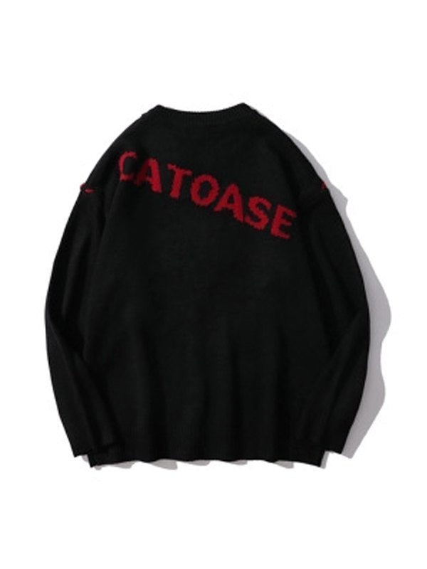 BLACK KNIT SWEATER WITH RED HEART VINTAGE COLORBLOCK OVERSIZE DESIGN