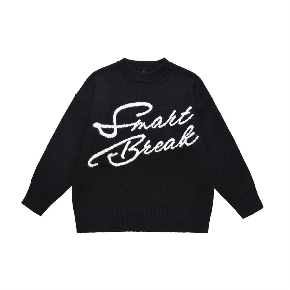 BLACK KNIT SWEATER WITH SMART BREAK TEXT - BREAK KNIT STYLE