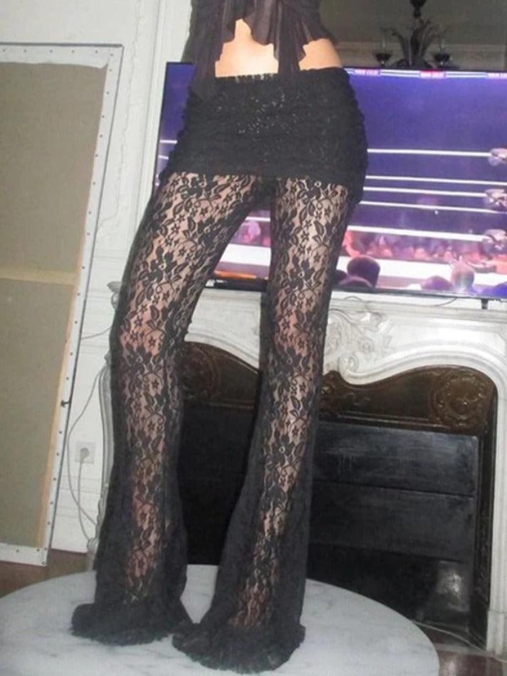 BLACK LACE BELL-BOTTOM PANTS WITH CAPTIVATING LACE INSERT