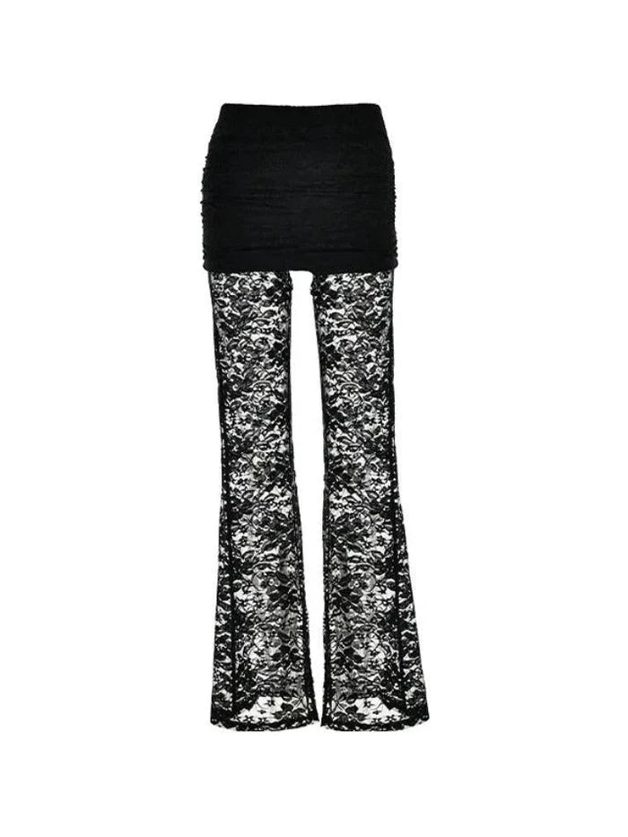BLACK LACE BELL-BOTTOM PANTS WITH CAPTIVATING LACE INSERT