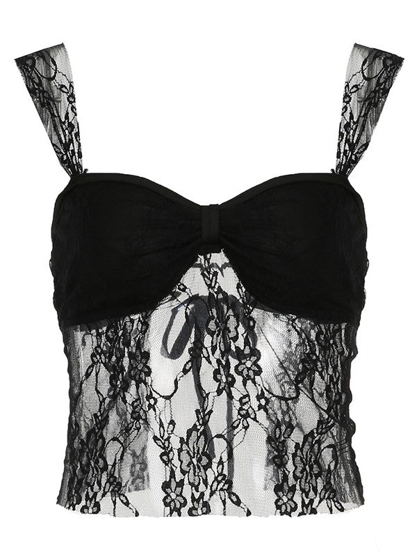 BLACK LACE BUSTIER TOP WITH ADJUSTABLE STRAPS - CHIC SLIM FIT