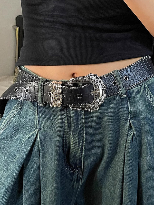 BLACK LEATHER BELT WITH ORNATE SILVER BUCKLE GEOMETRIC ARTIFICIAL LEATHER