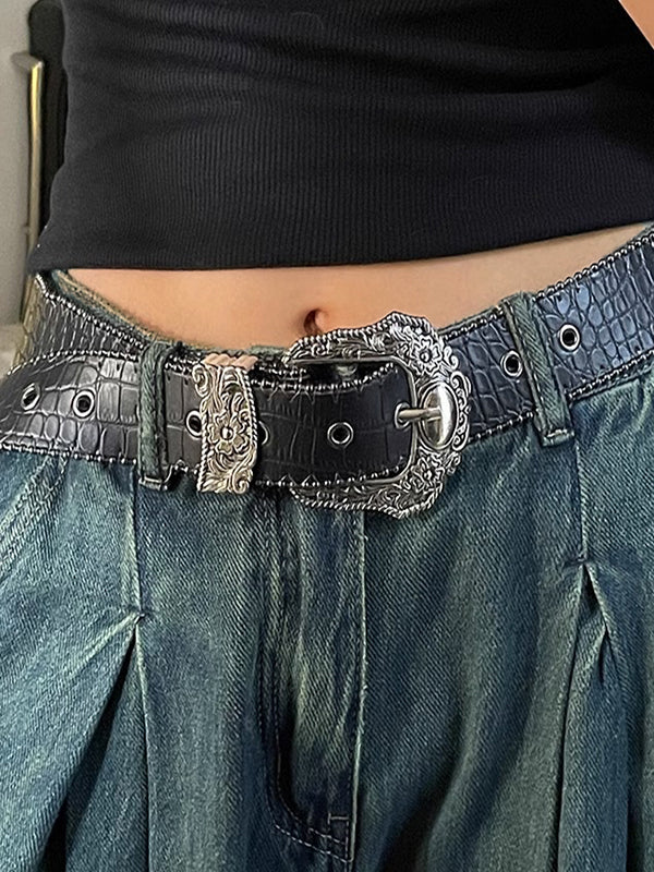 BLACK LEATHER BELT WITH ORNATE SILVER BUCKLE GEOMETRIC ARTIFICIAL LEATHER