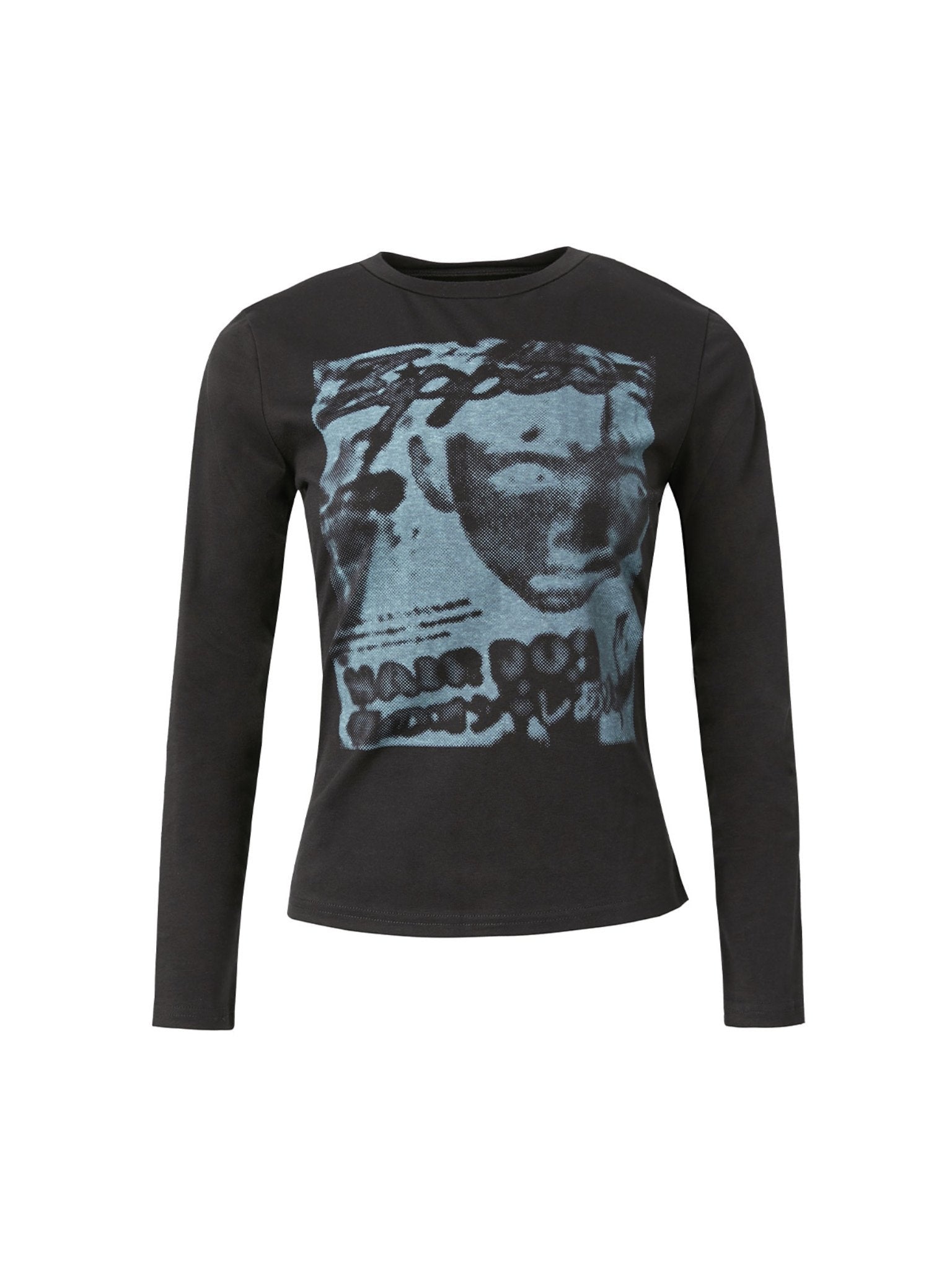 BLACK LONG SLEEVE SHIRT WITH BOLD PIXEL FACE GRAPHIC PRINT
