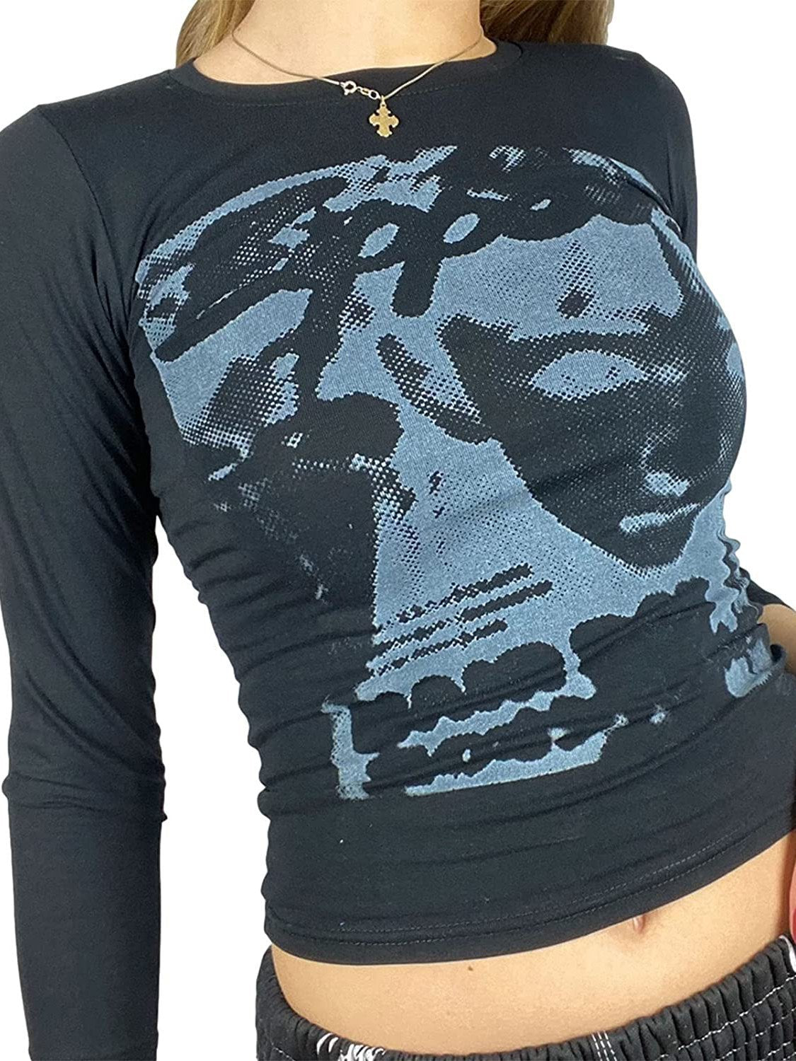 BLACK LONG SLEEVE SHIRT WITH BOLD PIXEL FACE GRAPHIC PRINT