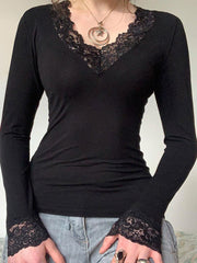 BLACK LONG SLEEVE TOP WITH LACE TRIM - CLASSIC BLACK LONG DESIGN