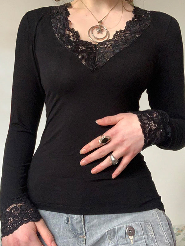 BLACK LONG SLEEVE TOP WITH LACE TRIM - CLASSIC BLACK LONG DESIGN