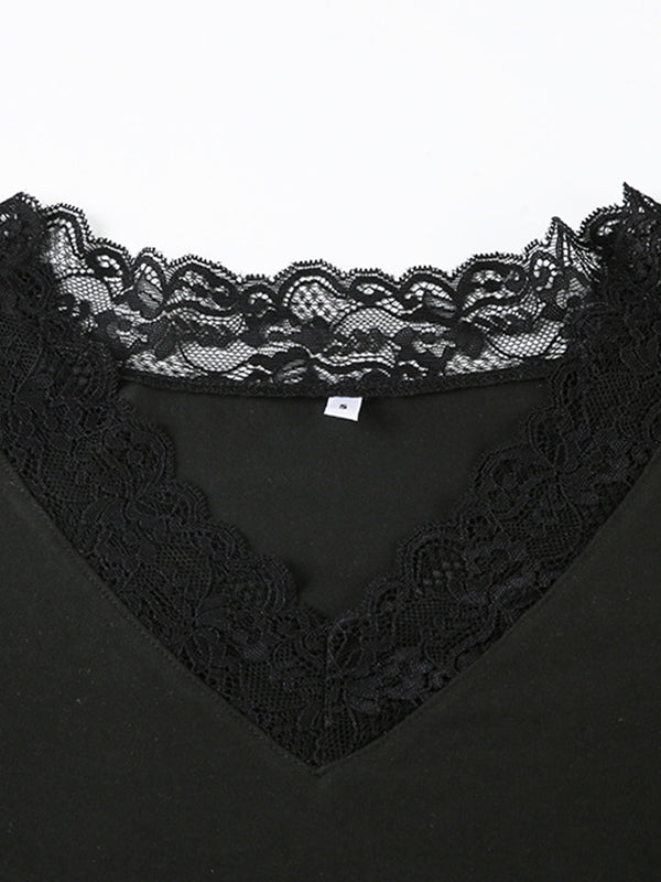 BLACK LONG SLEEVE TOP WITH LACE TRIM - CLASSIC BLACK LONG DESIGN