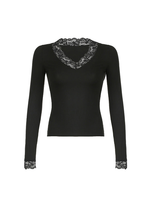 BLACK LONG SLEEVE TOP WITH LACE TRIM - CLASSIC BLACK LONG DESIGN