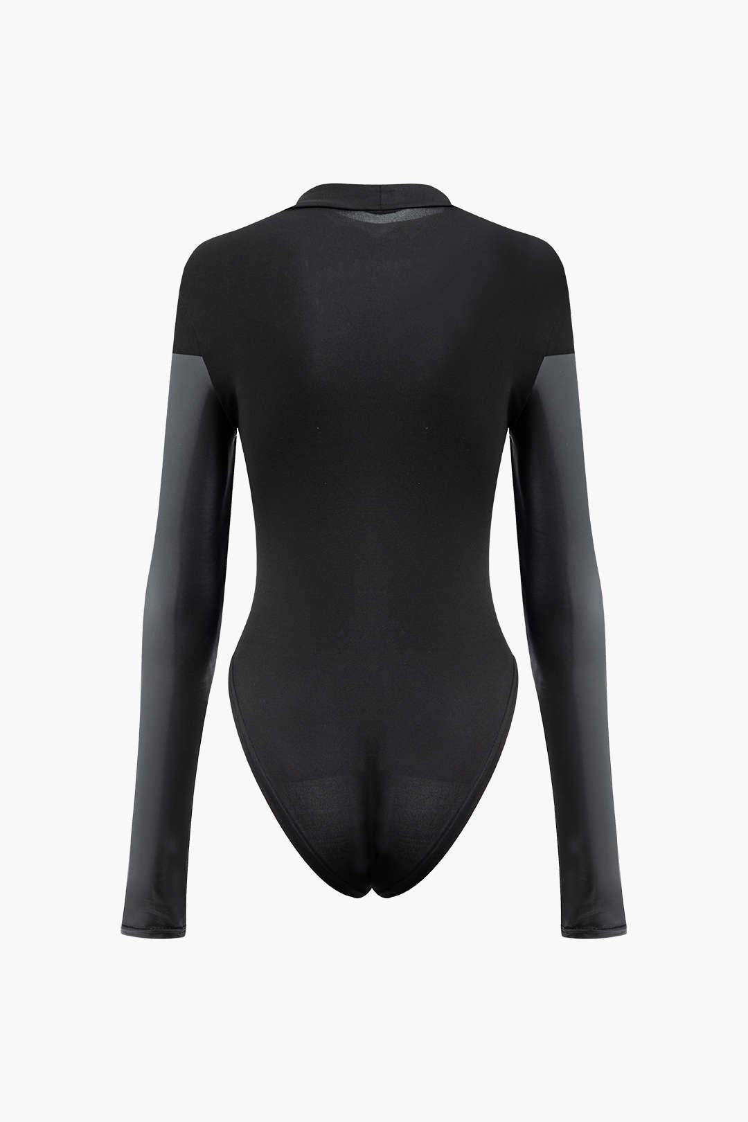 BLACK LONG-SLEEVED BODYSUIT WITH FAUX LEATHER ACCENTS - ELEGANT BLACK MOCK NECK
