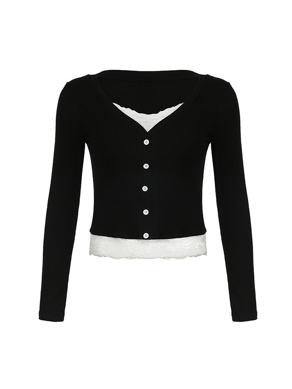 BLACK LONG-SLEEVED BUTTON-UP TOP WITH LACE TRIM CASUAL REGULAR FIT