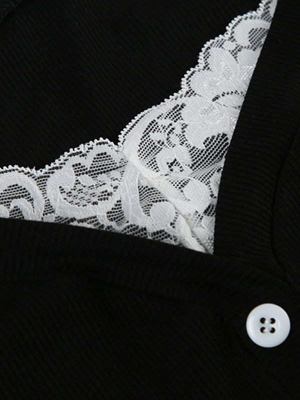 BLACK LONG-SLEEVED BUTTON-UP TOP WITH LACE TRIM CASUAL REGULAR FIT