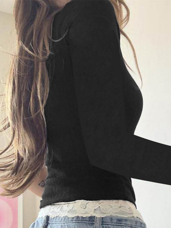 BLACK LONG-SLEEVED BUTTON-UP TOP WITH LACE TRIM CASUAL REGULAR FIT