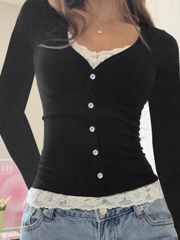 BLACK LONG-SLEEVED BUTTON-UP TOP WITH LACE TRIM CASUAL REGULAR FIT